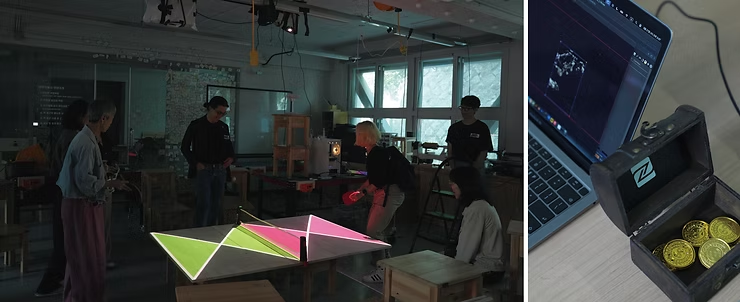 (좌) 주변의 소리에 따라 예측할 수 없이 변하는 인터랙티브 탁구대&nbsp;<탁구대–농담>(김인열, 한광우) (우) NFC를 활용한 평면회화와 미디어아트의 결합 <Modular-art Vo.2>(이중민)