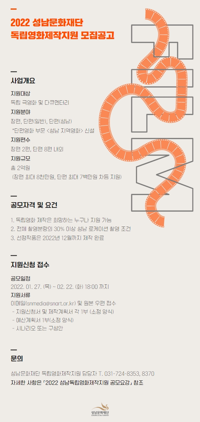 2022 성남문화재단
독립영화제작지원 모집공고

사업개요
지원대상_ 독립 극영화 및 다큐멘터리
지원분야_ 장편, 단편(일반), 단편(성남)  ※ 단편영화 부문 <성남 지역영화> 신설
지원편수_ 장편 2편, 단편 8편 내외
지원규모_ 총 2억원 (장편 최대 8천만원, 단편 최대 7백만원 차등지원)

공모자격 및 요건
1. 독립영화 제작을 희망하는 누구나 지원 가능
2. 전체 촬영분량의 30% 이상 성남 로케이션 촬영 조건
3. 선정 작품은 2022년 12월까지 제작 완료

지원신청 접수
공모일정_ 2022. 1. 27.(목) ~ 2. 22.(화) 18:00까지
지원서류_ 이메일(snmedia@snart.or.kr) 및 원본 우편 접수
- 지원 신청서 및 제작계획서 각 1부 (소정 양식)
- 예산계획서 1부 (소정 양식)
- 시나리오 또는 구성안

문의 
성남문화재단 독립영화제작지원 담당자 T. 031-724-8353, 8370

자세한 사항은 「2022 성남독립영화제작지원 공모요강」 참조