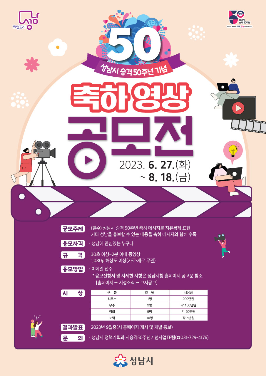 희망도시 성남 50 성남시 승격 50주년
우리가 원하는 미래, 성남이 만듭니다.

50
성남시 승격 50주년 기념
축하 영상
공모전
2023.6.27.(화)
~8.18.(금)

공모주제 (필수) 성남시 승격 50주년 축하 메시지를 자유롭게 표현
기타 성남을 홍보할 수 있는 내용을 축하 메시지와 함께 수록
응모자격 성남에 관심있는 누구나
규격 30초 이상~2분 이내 동영상
1,080p 해상도 이상(가로, 세로 무관)
응모방법 이메일 접수
 * 응모신청서 및 자세한 사항은 성남시청 홈페이지 공고문 참조
  [홈페이지 → 시정소식 →  고시공고]
시상 구 분 | 인원 | 시상금
최우수 | 1명 | 200만원
우수 | 2명 | 각 100만원
장려 | 5명 | 각 50만원
노력 | 10명 | 각 5만원
결과발표 2023년 9월중(시 홈페이지 게시 및 개별통보)
문의 성남시 정책기획과 시승격 50주년기념사업TF팀(031-729-4176)
성남시