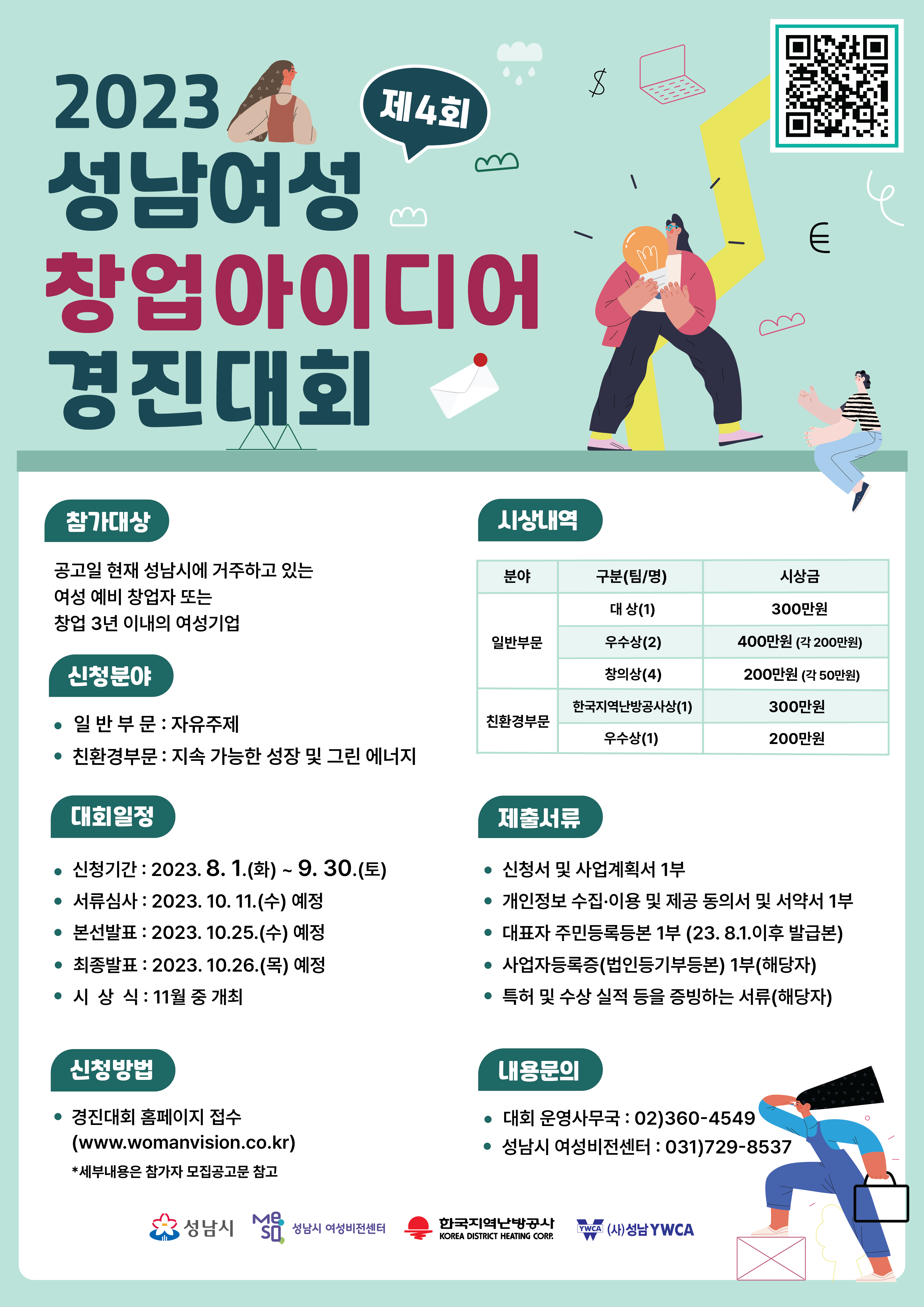 2023년 제4회 성남여성 창업아이디어 경진대회 공고 
  
  우수 창업 아이템을 보유한 여성 예비 창업자 및 여성기업을 발굴하여창업생태계 활성화를 위해 성남여성 창업아이디어 경진대회를 개최하오니 많은 관심과 참여 바랍니다.
2023년 8월 1일
성남시장?한국지역난방공사장
 □ 신청자격 
  ? 공고일(2023.8.1.) 현재 성남시에 거주하고 있는 여성 예비 창업자 또는 창업 3년 이내의 여성기업
    ※ 예비 창업자는 개인 또는 팀으로 지원 가능하며 인원수는 제한 없음
    ※ 신청자(대표자)는 성남시에 반드시 거주해야 하며 여성이어야 함
    ※ 2020년 8월 1일 이전에 창업한 여성기업은 신청 불가

 □ 신청분야
  ? 일반부문: 자유주제 
  ? 친환경부문: 지속가능한 성장 및 그린 에너지 주제  

 □ 제외(배제) 대상 
  ? 동일 또는 유사한 내용으로 타 공모전이나 아이디어 경진대회에서 수상한 경력이 있는 경우
  ? 본 대회에 참가하여 수상한 경력이 있는 경우
  ? 창업 아이템이 타인의 지식재산권을 침해하거나 침해할 우려가 
     있다고 판단되는 경우
   ※ 향후 신청자격이 부적격 확인 시 자격 박탈 및 수상 취소 가능
□ 신청기간: 2023. 8. 1.(화) ~ 9. 30.(토)
 □ 신청방법: 대회 접수페이지(www.womanvision.co.kr)에 신청서 및 사업계획서 작성 후 온라인 제출)
 □ 시상규모: 총1,400만원(9팀) 


