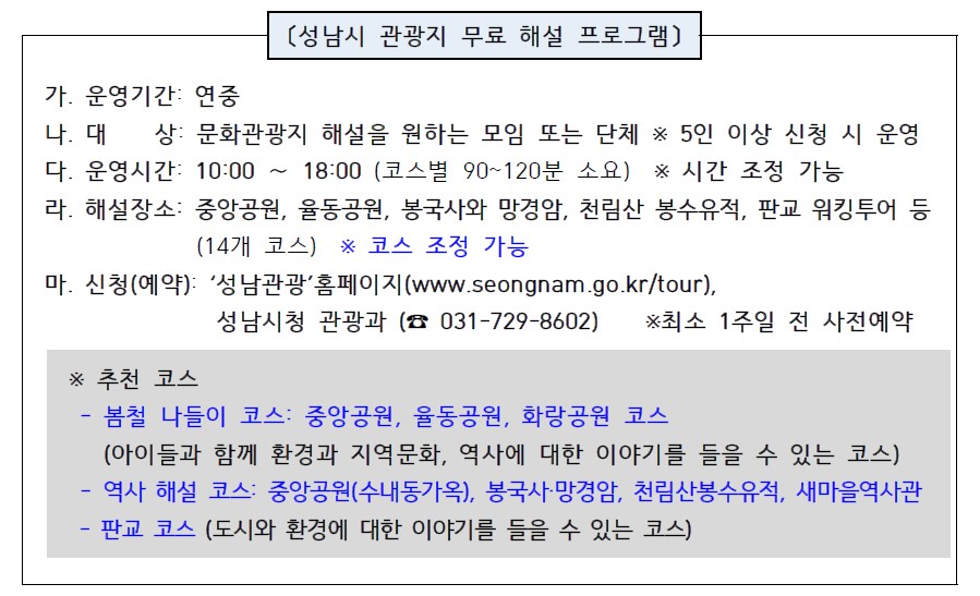 성남시 관광지 무료 해설 프로그램

가. 운영기간: 연중
나. 대    상: 문화관광지 해설을 원하는 모임 또는 단체 ※ 5인 이상 신청 시 운영
다. 운영시간: 10:00 ∼ 18:00 (코스별 90~120분 소요) ※ 시간 조정 가능
라. 해설장소: 중앙공원, 율동공원, 봉국사와 망경암, 천림산 봉수유적, 판교 워킹투어 등             (14개 코스) ※ 코스 조정 가능
마. 신청(예약): ‘성남관광’홈페이지(www.seongnam.go.kr/tour), 성남시청 관광과 (☎ 031-729-8602)    ※최소 1주일 전 사전예약



※ 추천 코스
 - 봄철 나들이 코스: 중앙공원, 율동공원, 화랑공원 코스
   (아이들과 함께 환경과 지역문화, 역사에 대한 이야기를 들을 수 있는 코스)
 - 역사 해설 코스: 중앙공원(수내동가옥), 봉국사·망경암, 천림산봉수유적, 새마을역사관
 - 판교 코스 (도시와 환경에 대한 이야기를 들을 수 있는 코스)