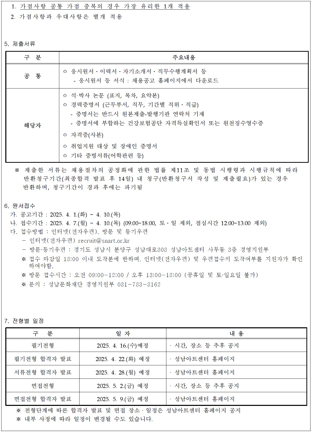   1. 가점사항 공통 가점 중복의 경우 가장 유리한 1개 적용
  2. 가점사항과 우대사항은 별개 적용


5. 제출서류

구  분  
주요내용
공  통
ㅇ 응시원서?이력서?자기소개서?직무수행계획서 등 
    - 응시원서 등 서식 : 채용공고 홈페이지에서 다운로드 
해당자
ㅇ 석·박사 논문 (표지, 목차, 요약본)
ㅇ 경력증명서 (근무부서, 직무, 기간별 직위?직급)
   - 증명서는 반드시 원본제출-발행기관 연락처 기재
   - 증명서에 부합하는 건강보험공단 자격득실확인서 또는 원천징수영수증 
ㅇ 자격증(사본)                                     
ㅇ 취업지원 대상 및 장애인 증명서                 
ㅇ 기타 증빙서류(어학관련 등)                    

   ※ 제출한 서류는 채용절차의 공정화에 관한 법률 제11조 및 동법 시행령과 시행규칙에 따라 
      반환청구기간(최종합격 발표 후 14일) 내 청구(반환청구서 작성 및 제출필요)가 있는 경우 
      반환하며, 청구기간이 경과 후에는 파기됨

6. 원서접수
  가. 공고기간 : 2025. 4. 1.(화) ~ 4. 10.(목)
  나. 접수기간 : 2025. 4. 7.(월) ~ 4. 10.(목) (09:00~18:00, 토?일 제외, 점심시간 12:00~13:00 제외)
  다. 접수방법 : 인터넷(전자우편), 방문 및 등기우편
      - 인터넷(전자우편) recruit@snart.or.kr
      - 방문·등기우편 : 경기도 성남시 분당구 성남대로808 성남아트센터 사무동 3층 경영지원부
      ※ 접수 마감일 18:00 이내 도착분에 한하며, 인터넷(전자우편) 및 우편접수의 도착여부를 지원자가 확인     하여야함.
      ※ 방문 접수시간 : 오전 09:00~12:00 / 오후 13:00~18:00 (공휴일 및 토·일요일 불가)
      ※ 문의 : 성남문화재단 경영지원부 031-783-8162


      
7. 전형별 일정

구   분
일 자
내 용
필기전형
2025. 4. 16.(수)예정
· 시간, 장소 등 추후 공지
필기전형 합격자 발표
2025. 4. 22.(화) 예정
· 성남아트센터 홈페이지
서류전형 합격자 발표
2025. 4. 28.(월) 예정
· 성남아트센터 홈페이지 
면접전형
2025. 5. 2.(금) 예정
· 시간, 장소 등 추후 공지
면접전형 합격자 발표
2025. 5. 9.(금) 예정
· 성남아트센터 홈페이지 

    ※ 전형단계에 따른 합격자 발표 및 면접 장소ㆍ일정은 성남아트센터 홈페이지 공지
    ※ 내부 사정에 따라 일정이 변경될 수도 있습니다.