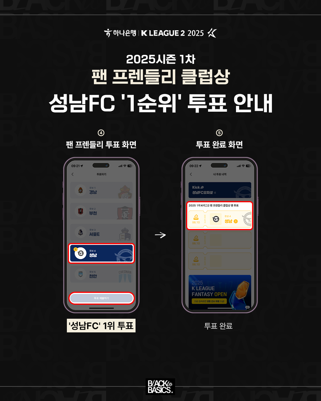 2025시즌 1차
팬 프렌들리 클럽상
성남FC '1순위' 투표 안내

4. 팬 프렌들리 투표 화면
- '성남FC' 1위 투표
5. 투표 완료 화면
- 투표 완료