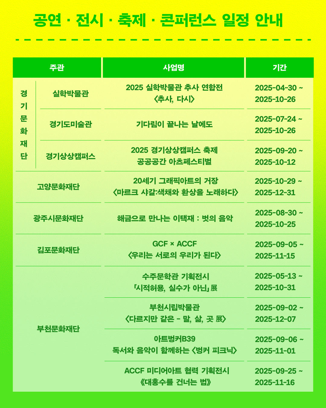 공연 전시 축제 콘퍼런스 일정안내