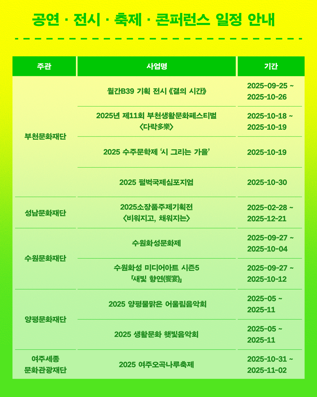 공연 전시 축제 콘퍼런스 일정안내