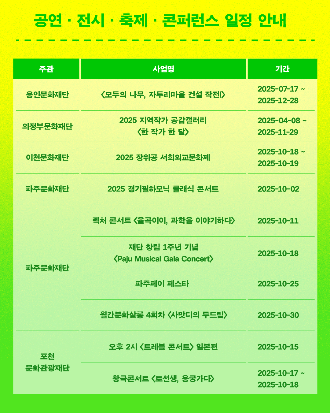공연 전시 축제 콘퍼런스 일정안내