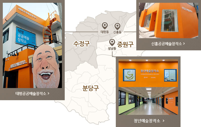 태평공공예술창작소와 신흥공공예술창작소와 청년예술창작소의 위치표시